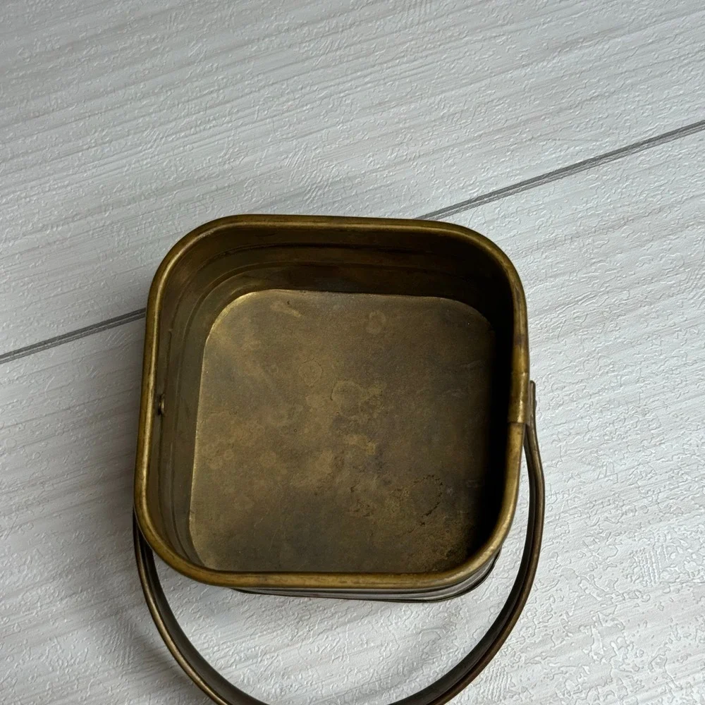Vintage Brass Square Basket Small Handle Pot Planter Trinket Dish Made‎ India